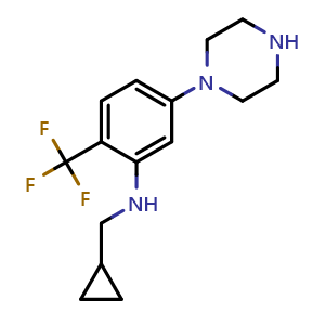 Chemical structure of N-(Cyclopropylmethyl)-5-(piperazin-1-yl)-2-(trifluoromethyl)aniline , AChemBlock AD291271