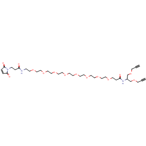 Chemical structure of N-(1,3-Bis(prop-2-yn-1-yloxy)propan-2-yl)-1-(3-(2,5-dioxo-2,5-dihydro-1H-pyrrol-1-yl)propanamido)-3,6,9,12,15,18,21,24-octaoxaheptacosan-27-amide , AChemBlock AD291273