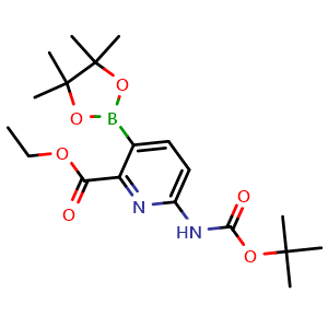 Chemical structure of Ethyl 6-((tert-butoxycarbonyl)amino)-3-(4,4,5,5-tetramethyl-1,3,2-dioxaborolan-2-yl)picolinate , AChemBlock AD291276
