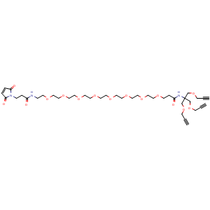 Chemical structure of N-(1,3-Bis(prop-2-yn-1-yloxy)-2-((prop-2-yn-1-yloxy)methyl)propan-2-yl)-1-(3-(2,5-dioxo-2,5-dihydro-1H-pyrrol-1-yl)propanamido)-3,6,9,12,15,18,21,24-octaoxaheptacosan-27-amide , AChemBlock AD291278