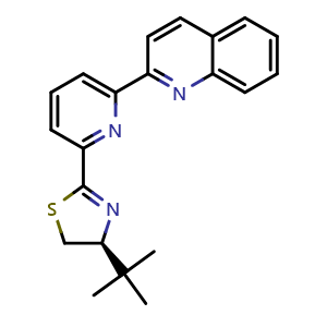 Chemical structure of (S)-4-(tert-Butyl)-2-(6-(quinolin-2-yl)pyridin-2-yl)-4,5-dihydrothiazole , AChemBlock AD291291