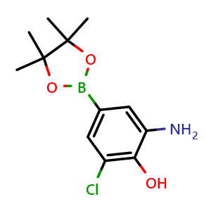 Chemical structure of 2-Amino-6-chloro-4-(4,4,5,5-tetramethyl-1,3,2-dioxaborolan-2-yl)phenol , AChemBlock AD291310