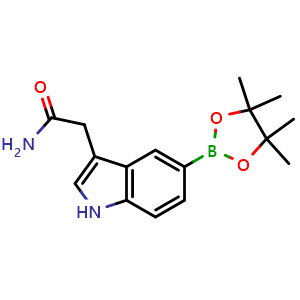 Chemical structure of 2-(5-(4,4,5,5-Tetramethyl-1,3,2-dioxaborolan-2-yl)-1H-indol-3-yl)acetamide , AChemBlock AD291312