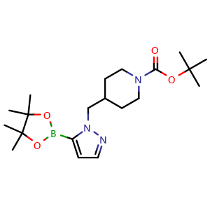 Chemical structure of tert-Butyl 4-((5-(4,4,5,5-tetramethyl-1,3,2-dioxaborolan-2-yl)-1H-pyrazol-1-yl)methyl)piperidine-1-carboxylate , AChemBlock AD291314