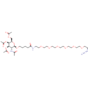Chemical structure of (2R,3R,4R,5R,6R)-5-Acetamido-2-(acetoxymethyl)-6-((1-azido-22-oxo-3,6,9,12,15,18-hexaoxa-21-azahexacosan-26-yl)oxy)tetrahydro-2H-pyran-3,4-diyl diacetate , AChemBlock AD291315