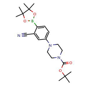 Chemical structure of tert-Butyl 4-(3-cyano-4-(4,4,5,5-tetramethyl-1,3,2-dioxaborolan-2-yl)phenyl)piperazine-1-carboxylate , AChemBlock AD291319