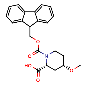 Chemical structure of (2R,4S)-1-Fmoc-4-methoxypiperidine-2-carboxylic acid , AChemBlock AD291352