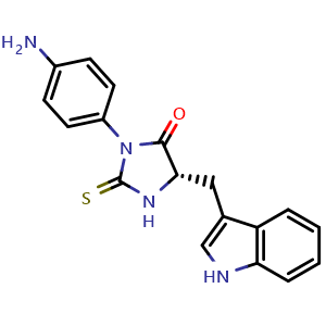 Chemical structure of (S)-5-((1H-Indol-3-yl)methyl)-3-(4-aminophenyl)-2-thioxoimidazolidin-4-one , AChemBlock AD291393