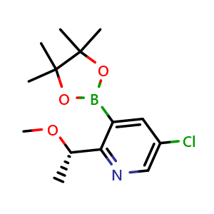 Chemical structure of (S)-5-Chloro-2-(1-methoxyethyl)-3-(4,4,5,5-tetramethyl-1,3,2-dioxaborolan-2-yl)pyridine , AChemBlock AD291394