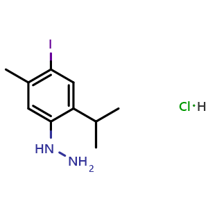 Chemical structure of (4-Iodo-2-isopropyl-5-methylphenyl)hydrazine hydrochloride , AChemBlock AD291395