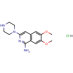 Chemical structure of 6,7-Dimethoxy-3-(piperazin-1-yl)isoquinolin-1-amine hydrochloride , AChemBlock AD291396