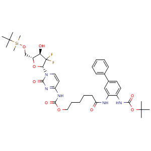 Chemical structure of 6-((4-((tert-Butoxycarbonyl)amino)-[1,1'-biphenyl]-3-yl)amino)-6-oxohexyl (1-((2R,4R,5R)-5-(((tert-butyldimethylsilyl)oxy)methyl)-3,3-difluoro-4-hydroxytetrahydrofuran-2-yl)-2-oxo-1,2-dihydropyrimidin-4-yl)carbamate , AChemBlock AD291406