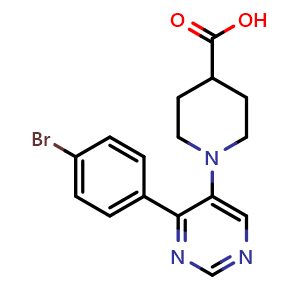 Chemical structure of 1-(4-(4-Bromophenyl)pyrimidin-5-yl)piperidine-4-carboxylic acid , AChemBlock AD291411
