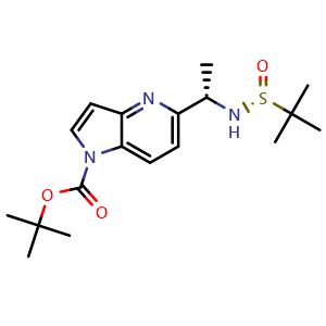Chemical structure of tert-Butyl 5-((S)-1-(((R)-tert-Butylsulfinyl)amino)ethyl)-1H-pyrrolo[3,2-b]pyridine-1-carboxylate , AChemBlock AD291420
