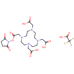 Chemical structure of 2,2',2''-(10-(2-((2,5-dioxopyrrolidin-1-yl)oxy)-2-oxoethyl)-1,4,7,10-tetraazacyclododecane-1,4,7-triyl)triacetic acid--2,2,2-trifluoroacetic acid (1/1) , AChemBlock AD291422
