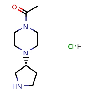 Chemical structure of (R)-1-(4-(Pyrrolidin-3-yl)piperazin-1-yl)ethan-1-one hydrochloride , AChemBlock AD291427