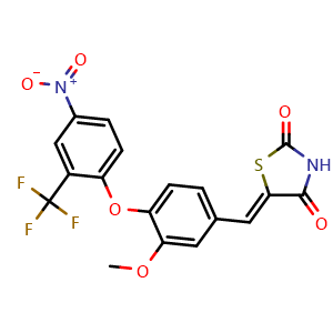 Chemical structure of (Z)-5-(3-Methoxy-4-(4-nitro-2-(trifluoromethyl)phenoxy)benzylidene)thiazolidine-2,4-dione , AChemBlock AD291430