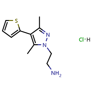 Chemical structure of 2-[3,5-Dimethyl-4-(thiophen-2-yl)-1H-pyrazol-1-yl]ethan-1-amine hydrochloride , AChemBlock AD291460
