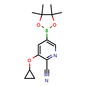 Chemical structure of 3-Cyclopropoxy-5-(4,4,5,5-tetramethyl-1,3,2-dioxaborolan-2-yl)picolinonitrile , AChemBlock AD291488