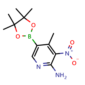 Chemical structure of 4-Methyl-3-nitro-5-(4,4,5,5-tetramethyl-1,3,2-dioxaborolan-2-yl)pyridin-2-amine , AChemBlock AD291492