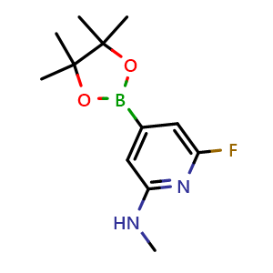 Chemical structure of 6-Fluoro-N-methyl-4-(4,4,5,5-tetramethyl-1,3,2-dioxaborolan-2-yl)pyridin-2-amine , AChemBlock AD291493