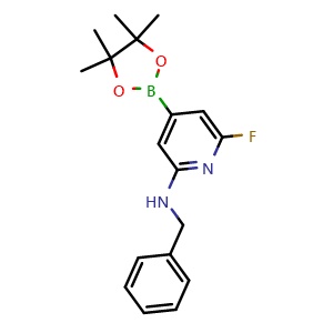 Chemical structure of N-Benzyl-6-fluoro-4-(4,4,5,5-tetramethyl-1,3,2-dioxaborolan-2-yl)pyridin-2-amine , AChemBlock AD291494