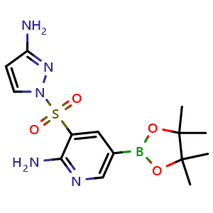 Chemical structure of 3-(3-Amino-pyrazol-1-ylsulfonyl)-5-(4,4,5,5-tetramethyl-1,3,2-dioxaborolan-2-yl)pyridin-2-amine , AChemBlock AD291498