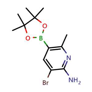 Chemical structure of 3-Bromo-6-methyl-5-(4,4,5,5-tetramethyl-1,3,2-dioxaborolan-2-yl)pyridin-2-amine , AChemBlock AD291504