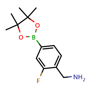 Chemical structure of (2-Fluoro-4-(4,4,5,5-tetramethyl-1,3,2-dioxaborolan-2-yl)phenyl)methanamine , AChemBlock AD291505