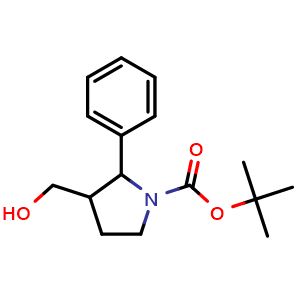 Chemical structure of tert-Butyl 3-(hydroxymethyl)-2-phenylpyrrolidine-1-carboxylate , AChemBlock AD291525