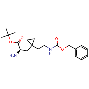 Chemical structure of tert-Butyl (2R)-2-amino-3-[1-[2-(benzyloxycarbonylamino)ethyl]cyclopropyl]propanoate , AChemBlock AD291536