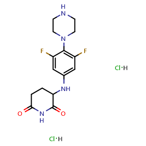Chemical structure of 3-(3,5-Difluoro-4-piperazin-1-yl-anilino)piperidine-2,6-dione dihydrochloride , AChemBlock AD291542