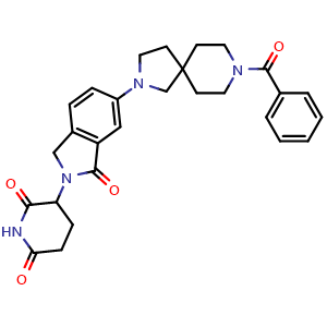 Chemical structure of 3-[6-(8-Benzoyl-2,8-diazaspiro[4.5]decan-2-yl)-1-oxo-isoindolin-2-yl]piperidine-2,6-dione , AChemBlock AD291554