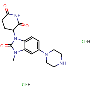 Chemical structure of 3-(3-Methyl-2-oxo-5-piperazin-1-yl-benzimidazol-1-yl)piperidine-2,6-dione dihydrochloride , AChemBlock AD291561