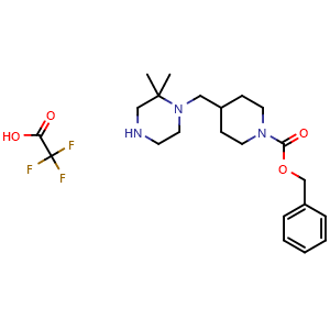 Chemical structure of Benzyl 4-[(2,2-dimethylpiperazin-1-yl)methyl]piperidine-1-carboxylate 2,2,2 trifluoroacetic acid , AChemBlock AD291568