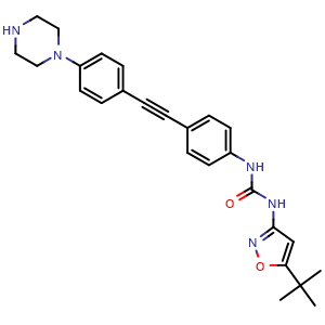 Chemical structure of 1-(5-tert-Butylisoxazol-3-yl)-3-[4-[2-(4-piperazin-1-ylphenyl)ethynyl]phenyl]urea , AChemBlock AD291572