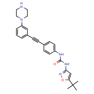 Chemical structure of 1-(5-tert-Butylisoxazol-3-yl)-3-[4-[2-(3-piperazin-1-ylphenyl)ethynyl]phenyl]urea , AChemBlock AD291573
