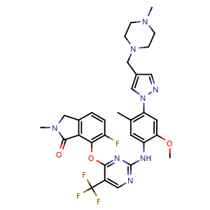 Chemical structure of 6-Fluoro-7-[2-[2-methoxy-5-methyl-4-[4-[(4-methylpiperazin-1-yl)methyl]pyrazol-1-yl]anilino]-5-(trifluoromethyl)pyrimidin-4-yl]oxy-2-methyl-isoindolin-1-one , AChemBlock AD291574