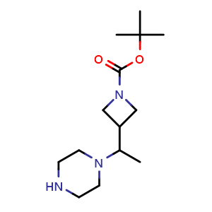 Chemical structure of tert-Butyl 3-(1-piperazin-1-ylethyl)azetidine-1-carboxylate , AChemBlock AD291588