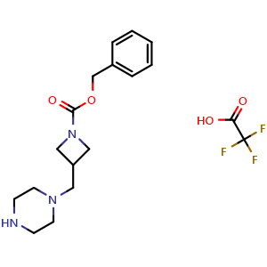 Chemical structure of Benzyl 3-(piperazin-1-ylmethyl)azetidine-1-carboxylate 2,2,2-trifluoroacetic acid , AChemBlock AD291604