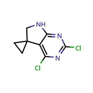 Chemical structure of 2,4-Dichlorospiro[6,7-dihydropyrrolo[2,3-d]pyrimidine-5,1'-cyclopropane] , AChemBlock AD291607