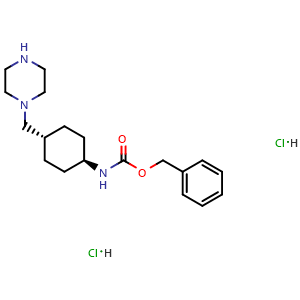 Chemical structure of trans-benzyl N-[4-(piperazin-1-ylmethyl)cyclohexyl]carbamate dihydrochloride , AChemBlock AD291618