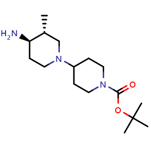 Chemical structure of tert-Butyl 4-[(3R,4R)-4-amino-3-methyl-1-piperidyl]piperidine-1-carboxylate , AChemBlock AD291622