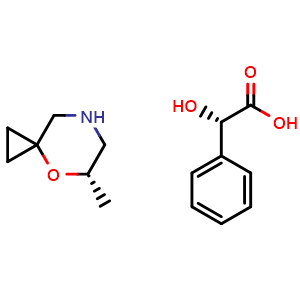 Chemical structure of (2S)-2-Hydroxy-2-phenyl-acetic acid (5S)-5-methyl-4-oxa-7-azaspiro[2.5]octane , AChemBlock AD291639
