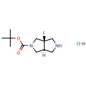 Chemical structure of tert-Butyl trans-3a-fluoro-octahydropyrrolo[3,4-c]pyrrole-2-carboxylate hydrochloride , AChemBlock AD291665