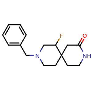 Chemical structure of 3-Benzyl-5-fluoro-3,9-diazaspiro[5.5]undecan-10-one , AChemBlock AD291676
