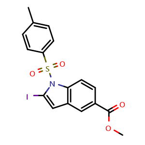 Chemical structure of Methyl 2-iodo-1-(p-tolylsulfonyl)indole-5-carboxylate , AChemBlock AD291680