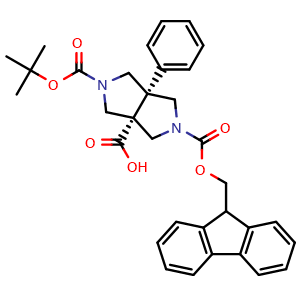 Chemical structure of cis-5-tert-Butoxycarbonyl-2-(9H-fluoren-9-ylmethoxycarbonyl)-6a-phenyl-1,3,4,6-tetrahydropyrrolo[3,4-c]pyrrole-3a-carboxylic acid , AChemBlock AD291692