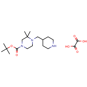 Chemical structure of tert-Butyl 3,3-dimethyl-4-(4-piperidylmethyl)piperazine-1-carboxylate oxalic acid , AChemBlock AD291707