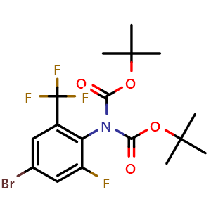Chemical structure of tert-Butyl N-(4-bromo-2-fluoro-6-(trifluoromethyl)phenyl)-N-[(tert-butoxy)carbonyl]carbamate , AChemBlock AD291715
